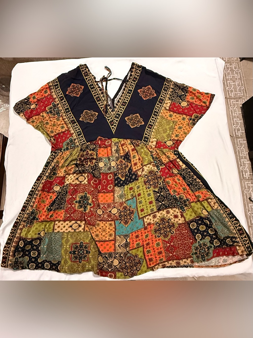 SHEIN Multicolor Patchwork V-Neck Boho Dress
